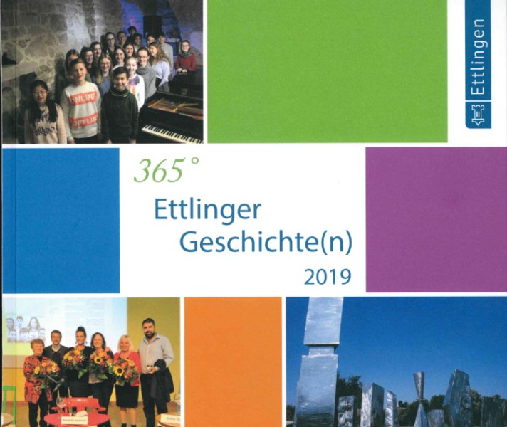Farbiges Buchcover der Publikation365 Grad - Ettlinger Geschichte(n) 2019 der Stadtverwaltung Ettlingen