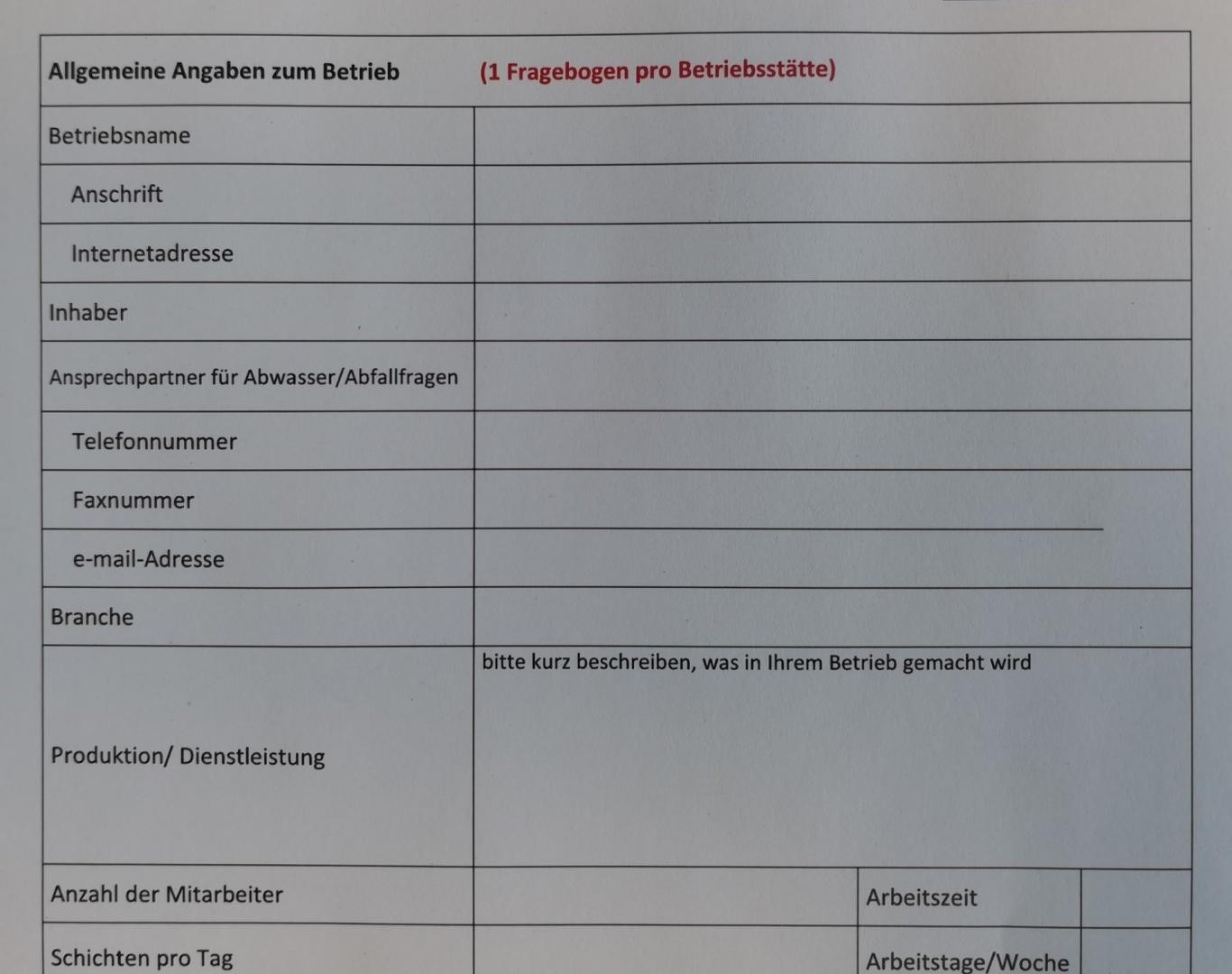 Bildausschnitt aus Fragebogen zum Indirekteinleiterkataster