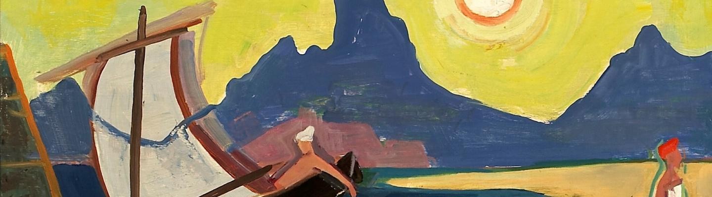 See und Berge, Maler Karl Hofer Mann im Segelboot, zitronengelber Himmel, blaue Berge, junge Frau am Strand