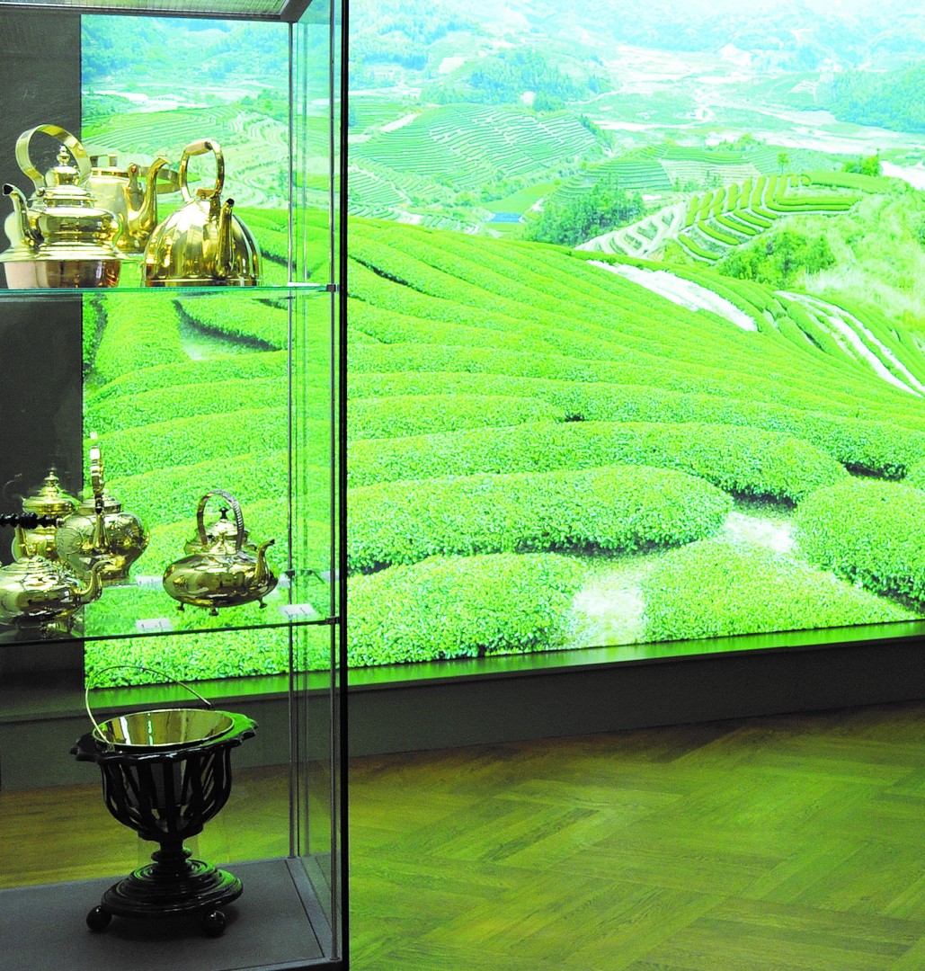 Blick auf Vitrine mit Messingteekannen vor Teeplantage