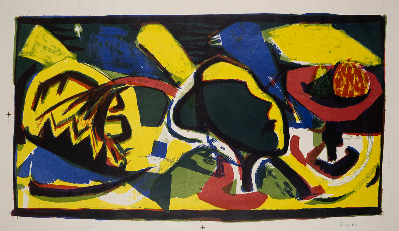 Walter Becker. Stillleben mit Kopf und Früchten Stillleben von Walter Becker