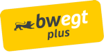 bwegt plus Logo Gelbes Rechteck mit Schriftzug bwegt plus und Löwe aus dem Baden-Württemberg Wappen